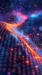 Obraz premium Abstract digital wave background with vibrant colors and dynamic light patterns. Futuristic data flow concept in glowing pixelated forms. 3D Illustration.