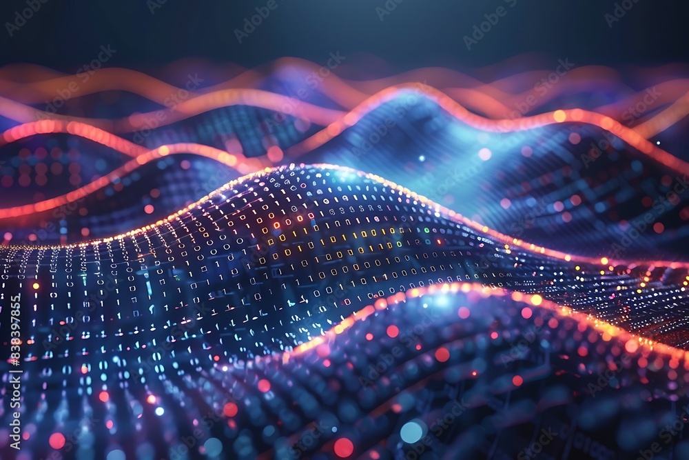 Poster abstract digital wave of data points glowing in neon colors representing futuristic technology and a