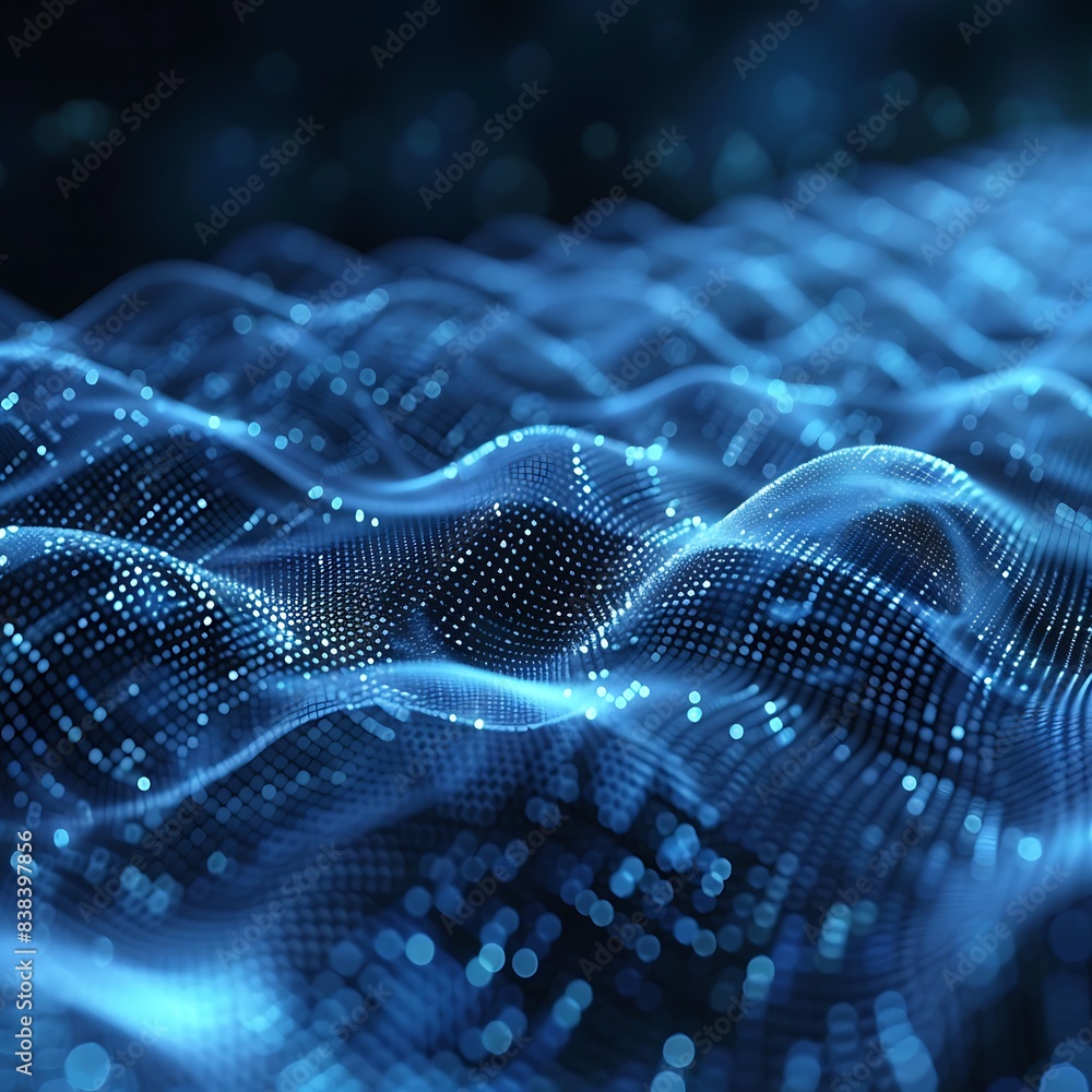 Poster abstract digital wave of blue glowing dots and lines, representing data flow and technology concept.