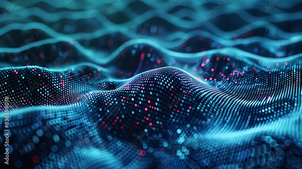 Poster abstract digital wave of glowing dots and lines representing data flow in a futuristic, cyber, and t