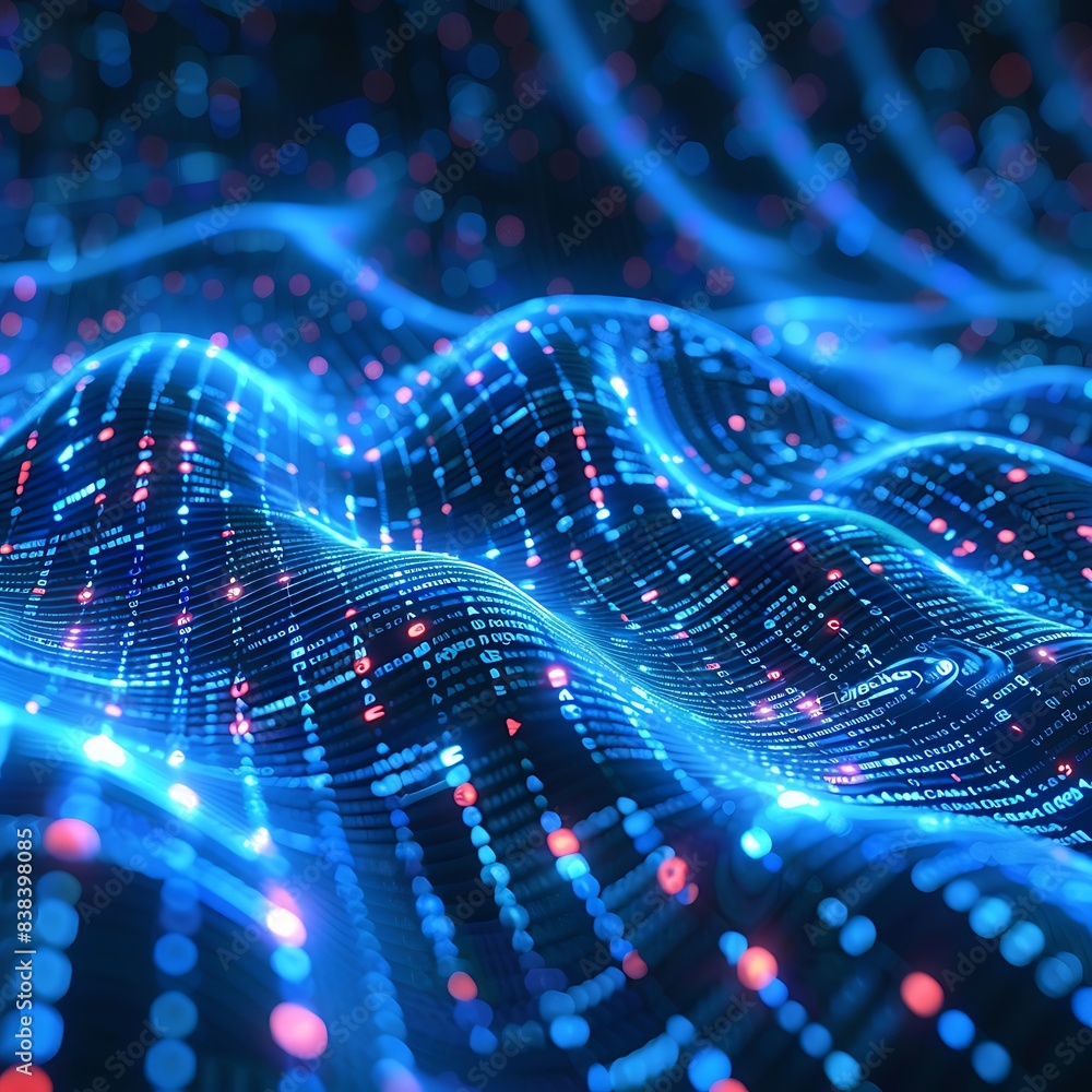Poster abstract digital wave of glowing dots, representing data flow, technology, and communication in a fu