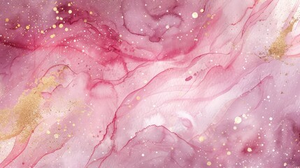 Pink watercolor fluid painting design. Gold paint splatter on it.