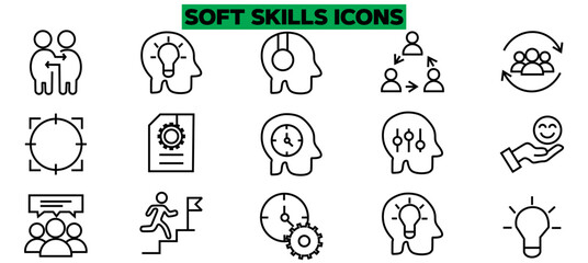 Soft Skills  icons set. Soft Skills outline icons with editable stroke collection. Includes Leadership, Active Listening, Communication, Target, Core Values, and More
