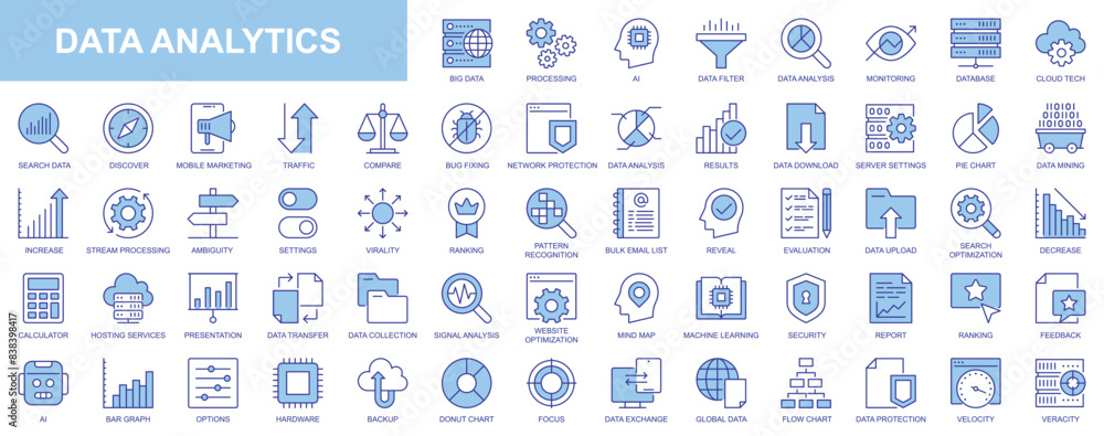 Poster data analytics web icons set in duotone outline stroke design. pack pictograms with processing, ai, 