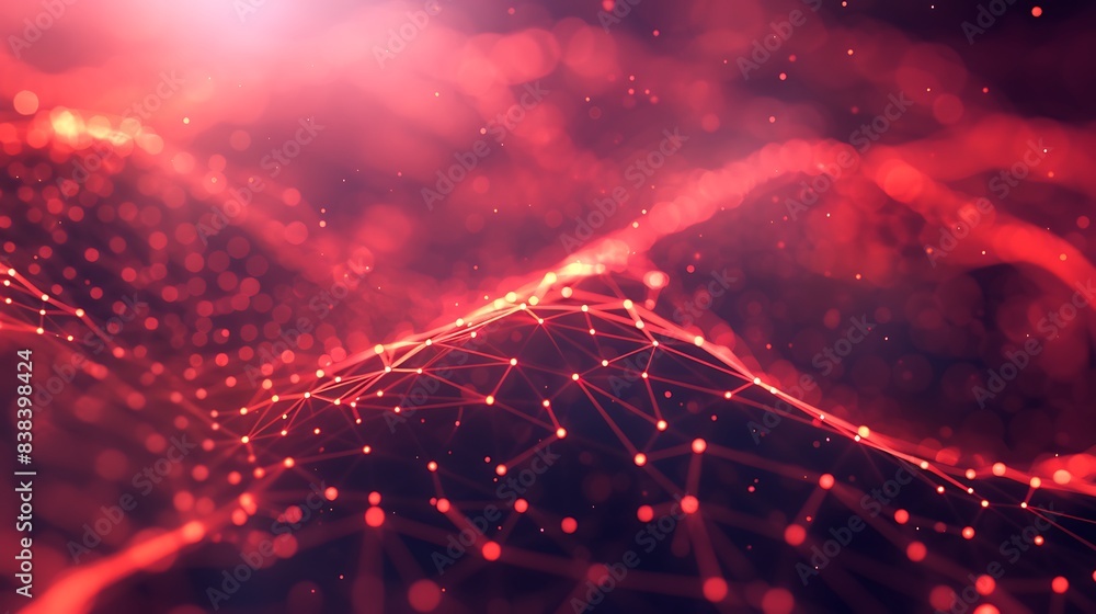 Poster abstract digital wave of glowing points and lines in a vibrant red color. futuristic background conc