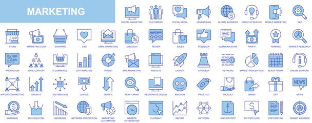 Marketing web icons set in duotone outline stroke design. Pack pictograms with advertising, global business, seo, shopping, review, profit, ranking, market research, earnings. Vector illustration.