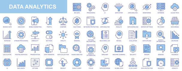Data analytics web icons set in duotone outline stroke design. Pack pictograms with processing, ai, analysis, monitoring, database, cloud tech, marketing, traffic, result, server. Vector illustration.
