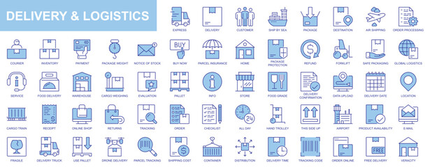 Delivery and logistics web icons set in duotone outline stroke design. Pack pictograms with package, destination, air shipping, order, processing, courier, payment, parcel, cargo. Vector illustration.