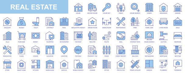 Real estate web icons set in duotone outline stroke design. Pack pictograms with house, moving, key, condo, insurance, garage, budget, pool, agent, rooms, maintenance, loan, rent. Vector illustration.