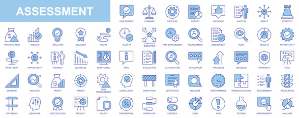 Assessment web icons set in duotone outline stroke design. Pack pictograms with compare, process, report, feedback, auditor, impact, strategy, financial risk, solution, success. Vector illustration.