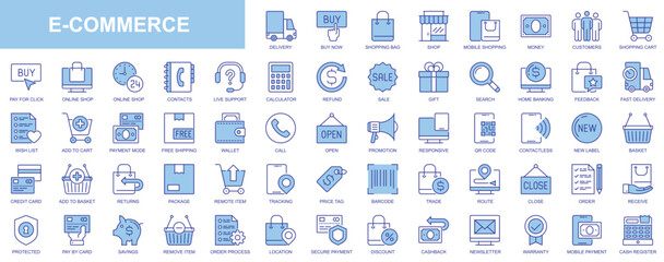E-commerce web icons set in duotone outline stroke design. Pack pictograms with shopping, delivery, customers, online support, refund, sale, gift, banking, wish list, payment. Vector illustration.