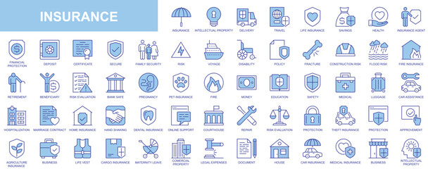Insurance web icons set in duotone outline stroke design. Pack pictograms with secure for intellectual property, delivery, life, travel, savings, health, financial, pet, family. Vector illustration.