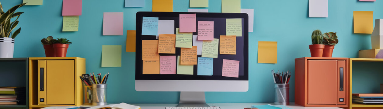 Computer Desk with Sticky Notes and Clock Showing Deadline Pressure