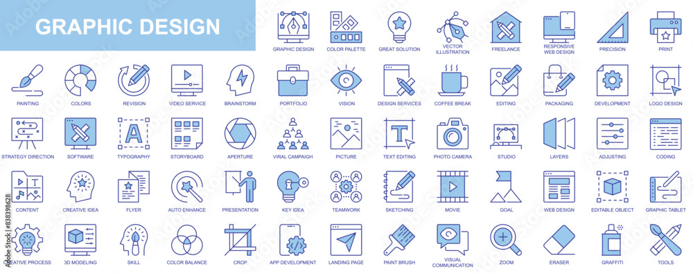 Aufkleber graphic design web icons set in duotone outline stroke design. pack pictograms with color palette, c