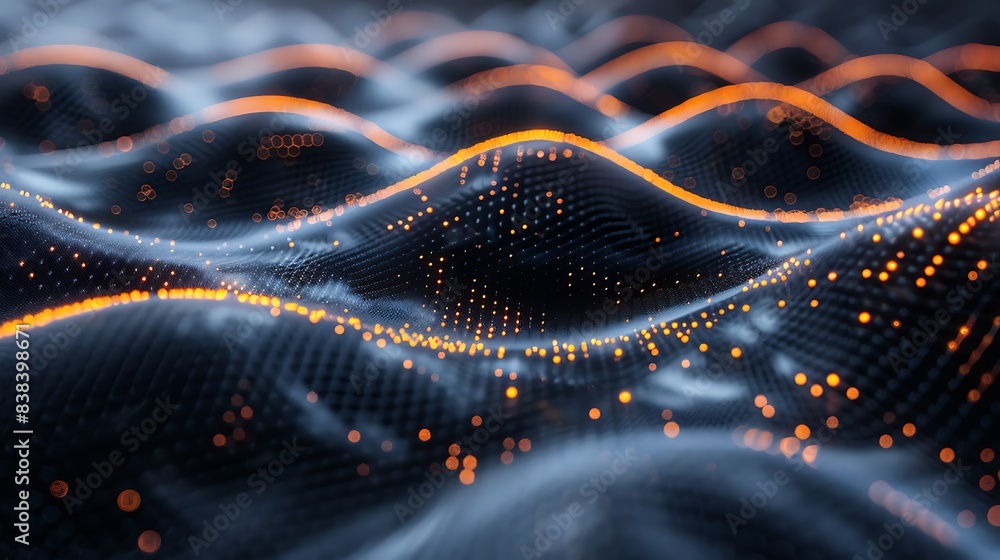 Poster abstract digital wave pattern with dynamic orange and blue dots, representing futuristic technology 