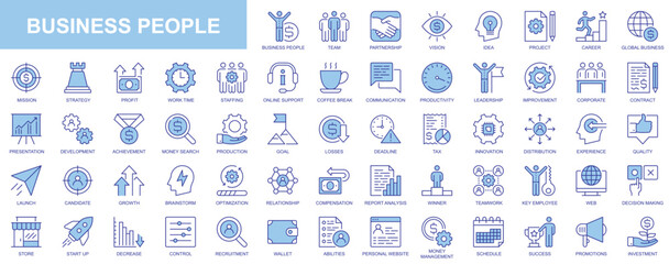 Business people web icons set in duotone outline stroke design. Pack pictograms with team, vision, idea, project, career, mission, strategy, profit, work time, staff, startup. Vector illustration.