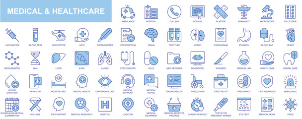 Medical and healthcare web icons set in duotone outline stroke design. Pack pictograms with ambulance, hospital, pharmacy, microscope, vaccination, help, prescription, diagnostic. Vector illustration.
