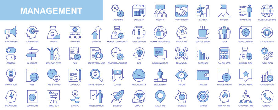 Management web icons set in duotone outline stroke design. Pack pictograms with calendar, meeting, partnership, career, candidate, global business, promotion, profit, experience. Vector illustration.
