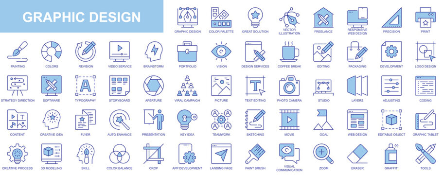 Graphic design web icons set in duotone outline stroke design. Pack pictograms with color palette, content, freelance, print, painting, brainstorm, portfolio, creative idea, tool. Vector illustration.