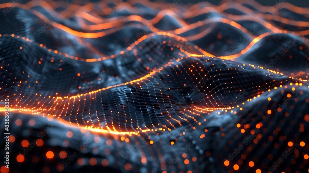 Poster abstract digital wave pattern with glowing orange lights against a dark background, representing dat