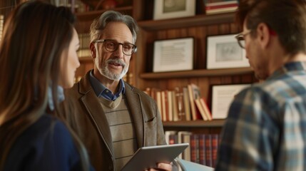 A photorealistic image of a financial advisor, holding a tablet, explaining financial plans to a couple, cozy office setting, bookshelves and certificates in the background. Warm lighting, focused