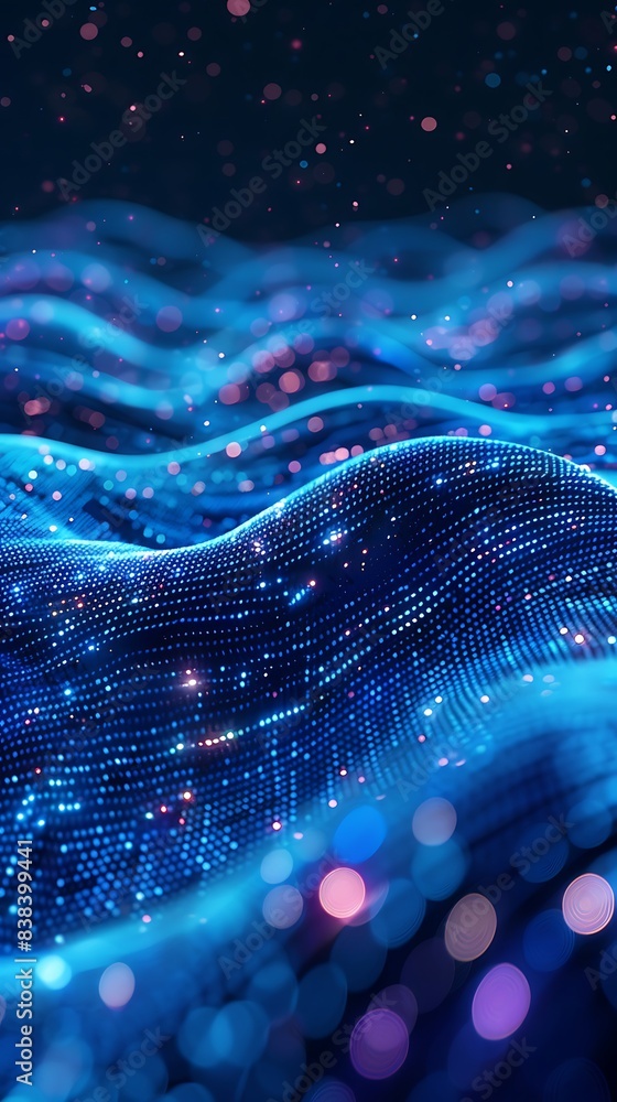 Poster abstract digital wave with glowing blue particles, representing data flow and technology innovation 