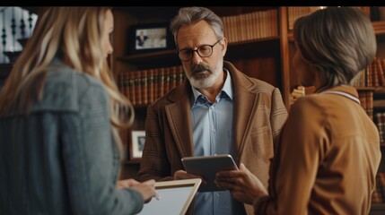 A photorealistic image of a financial advisor, holding a tablet, explaining financial plans to a couple, cozy office setting, bookshelves and certificates in the background. Warm lighting, focused