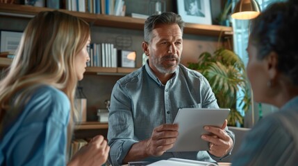 A photorealistic image of a financial advisor, holding a tablet, explaining financial plans to a couple, cozy office setting, bookshelves and certificates in the background. Warm lighting, focused