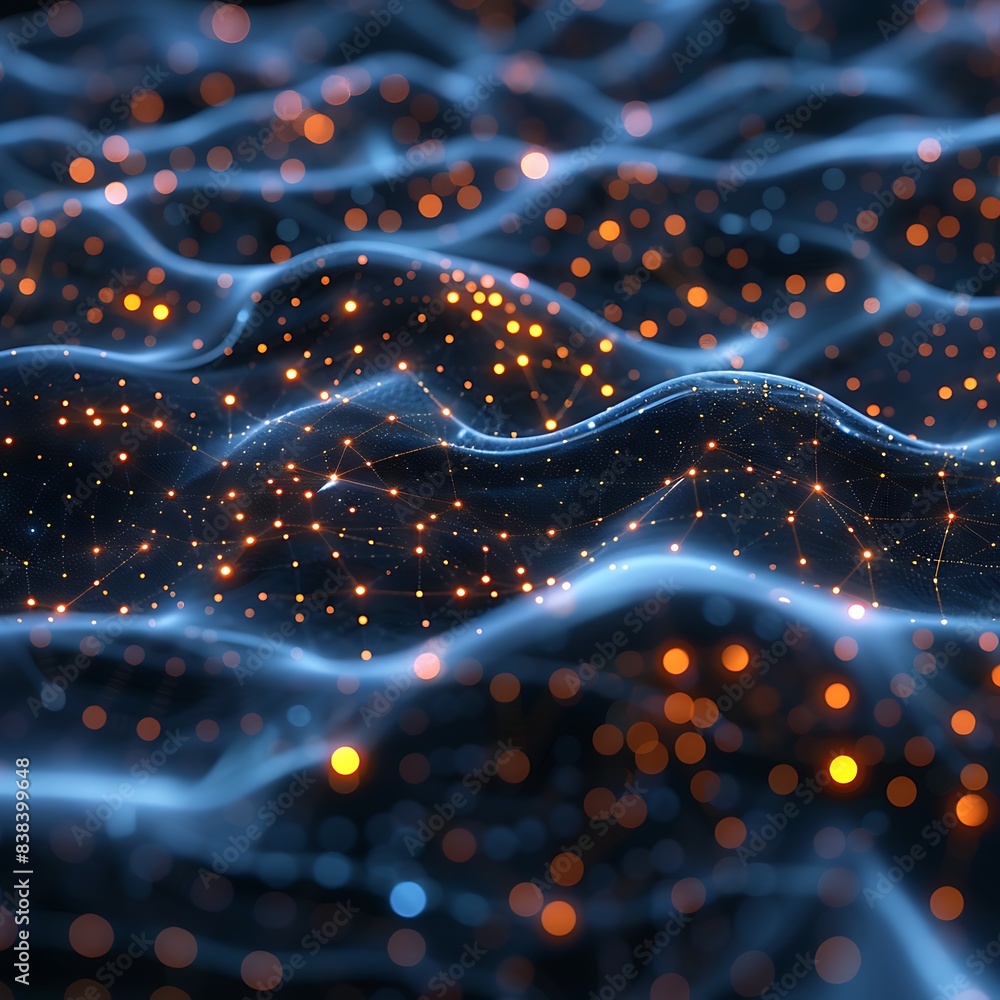 Poster abstract digital wave with glowing dots, representing data flow and technology innovation in a futur