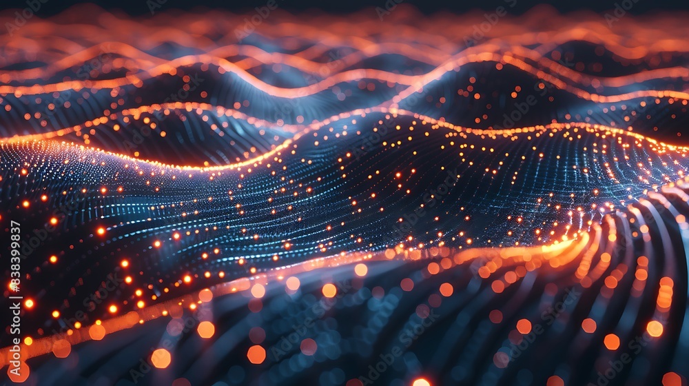 Poster abstract digital wave with glowing particles and lights, representing futuristic technology and data