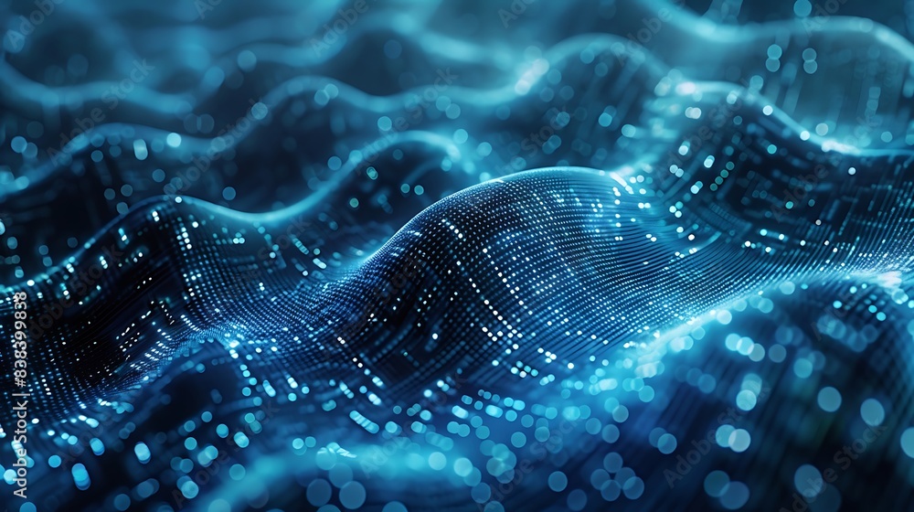 Poster abstract digital wave with glowing particles and flowing lines, representing technology, data, and f