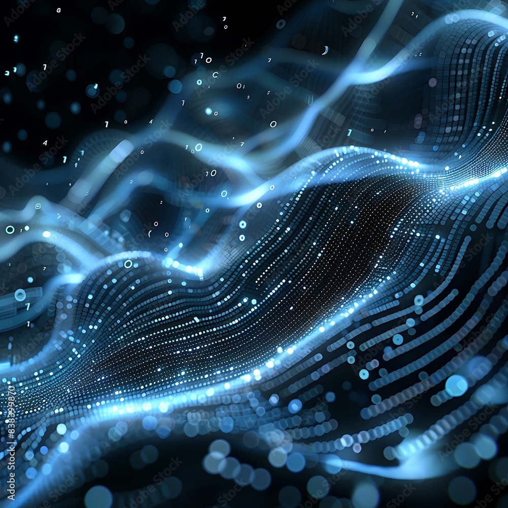 Aufkleber abstract digital wave with glowing particles and lines on dark background, futuristic data visualiza