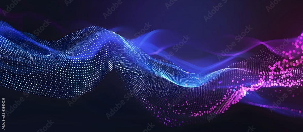 Poster vector background with two blue and purple lines made of dots on a dark background, with a wave or g