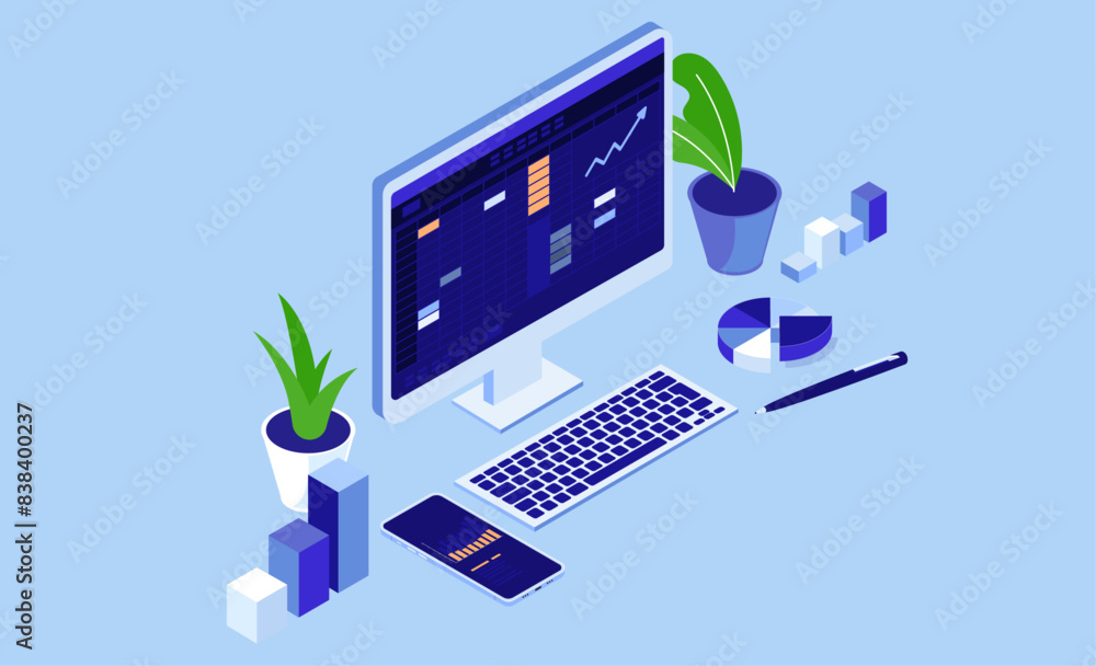 Poster Accounting computer screen with spreadsheet software on desktop pc with graphs and charts in office environment. Flat design isometric view vector illustration on blue background