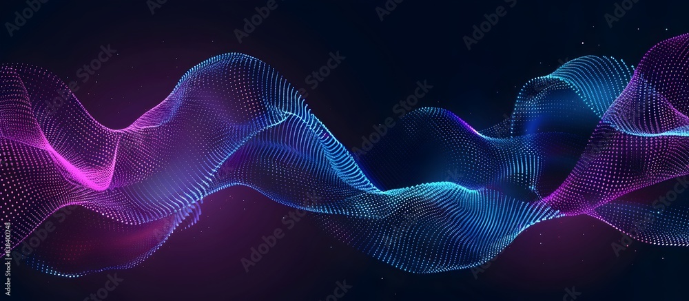 Poster vector background with two blue and purple lines made of dots on a dark background, with a wave or g