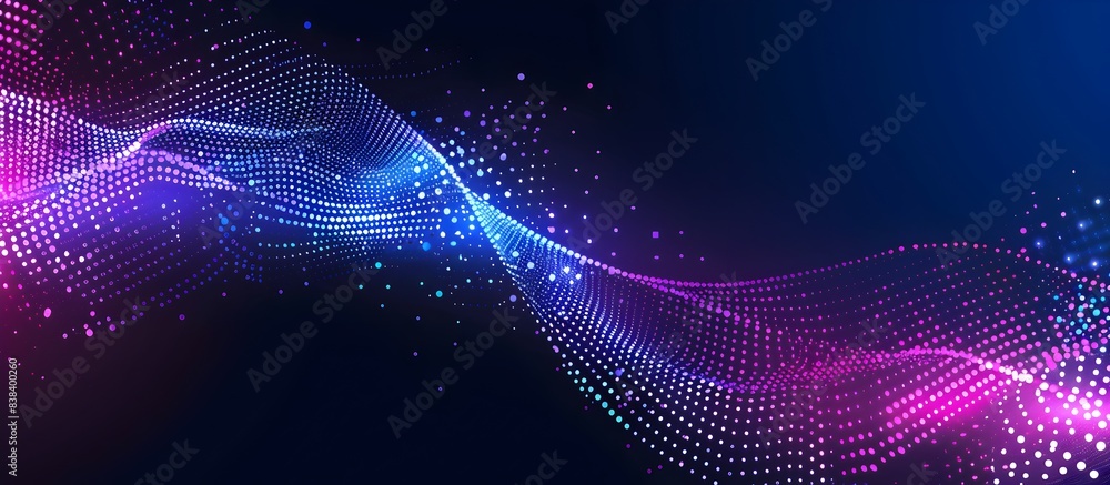 Poster vector background with two blue and purple lines made of dots on a dark background, with a wave or g