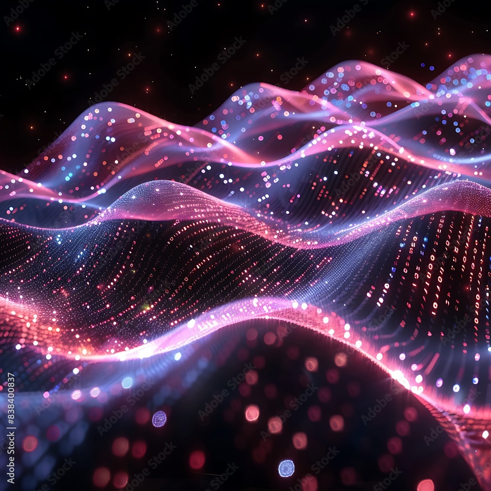 Poster abstract digital waves with glowing particles on a dark background, creating a futuristic and mesmer