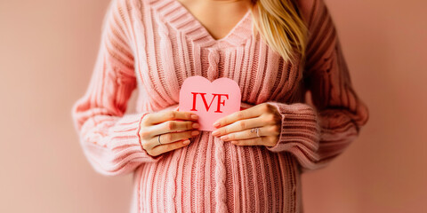 Pregnant white woman holds a "IVF" sign over her belly, symbolizing the success and joy of in vitro fertilization, symbolizing hope and the path to parenthood through reproductive technologies.