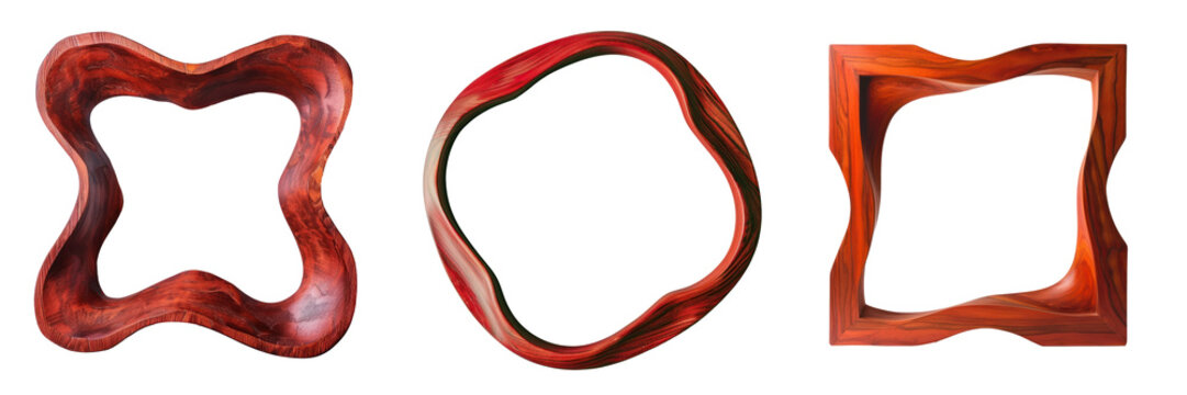 Red empty wooden picture frame, organically curved, mockup, decoration interior, transparent or isolated on white background - Powered by Adobe