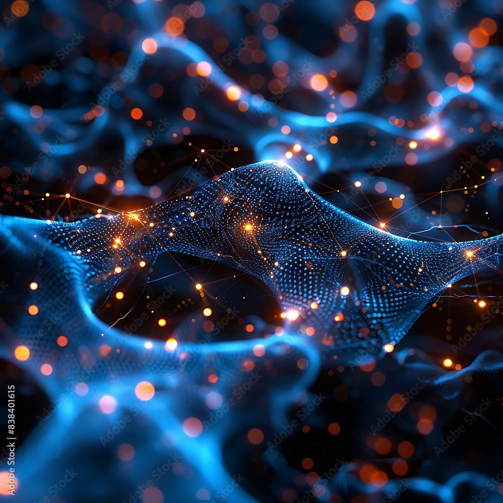 Poster abstract futuristic network visualization with glowing blue lights and connected nodes, representing