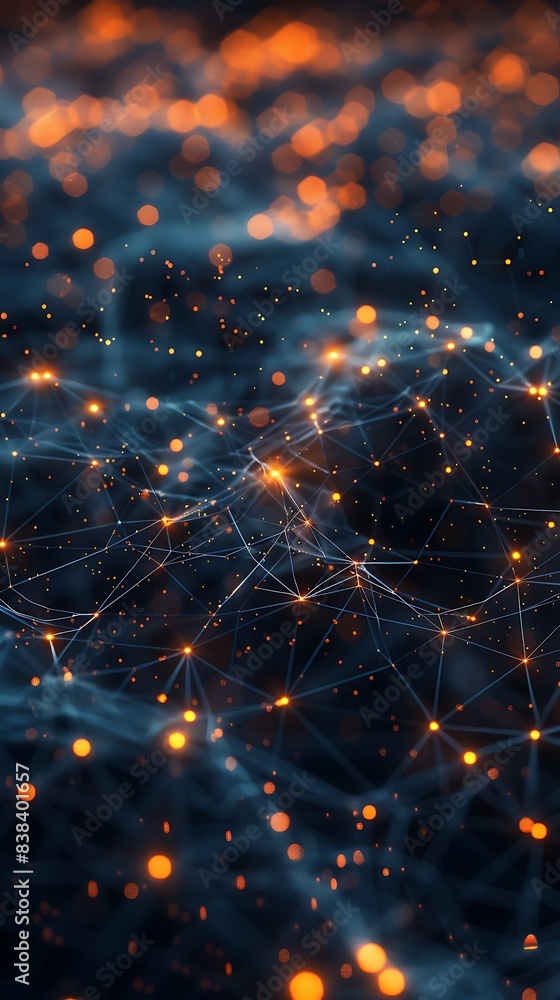 Poster abstract futuristic network with glowing nodes and connections on a dark background, ideal for techn