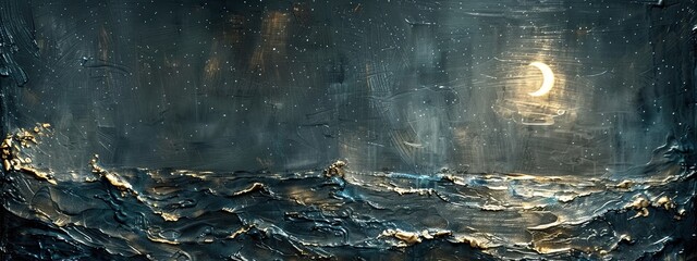 Impasto, starry sky and sea, a singular of texture and depth, capturing the ethereal beauty and mystique of celestial bodies reflected in the vastness of the ocean.