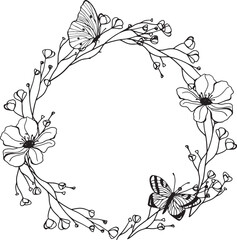 Vector black outlines, meadow floral wreath, sketch. Template space for text. Greeting cards, invitation, gender party, baby shower, birthday, event, holiday, wedding card, printable