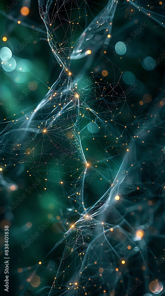 Poster abstract futuristic neural network visualization with glowing nodes and interconnected web-like stru