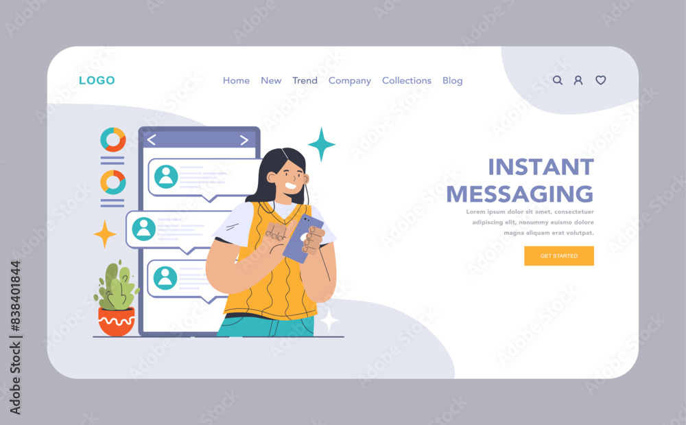 Poster instant messaging web or landing. woman swiftly communicates