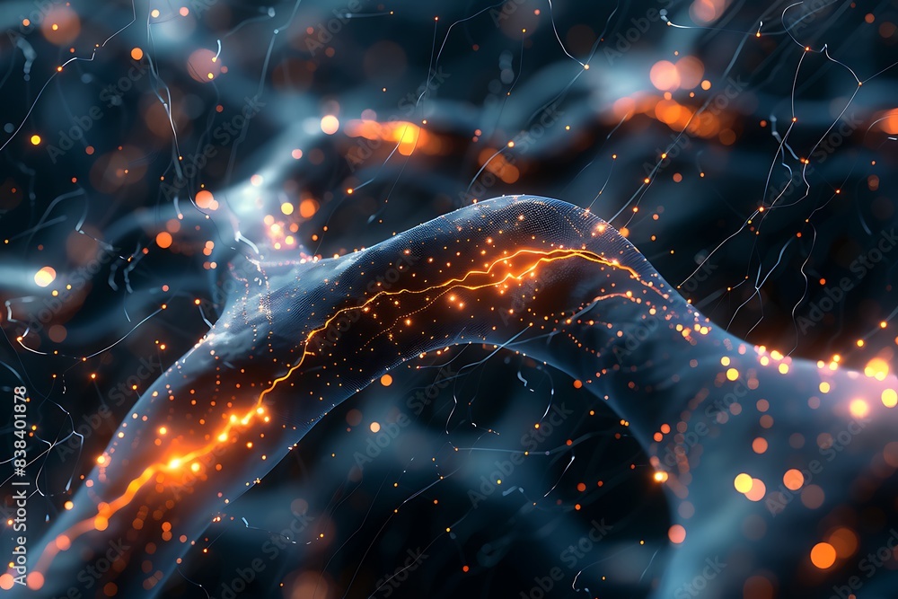 Poster abstract futuristic neural network with glowing connections, showcasing complexity in digital biolog