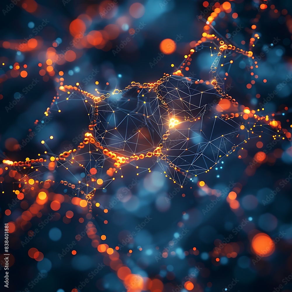 Poster abstract futuristic technology network with glowing nodes and connections, showcasing digital data e