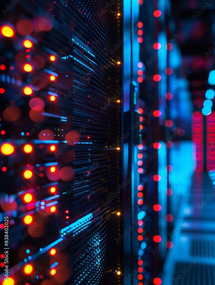 Poster close up on server rack leds in a dark data center data flow hyper realistic