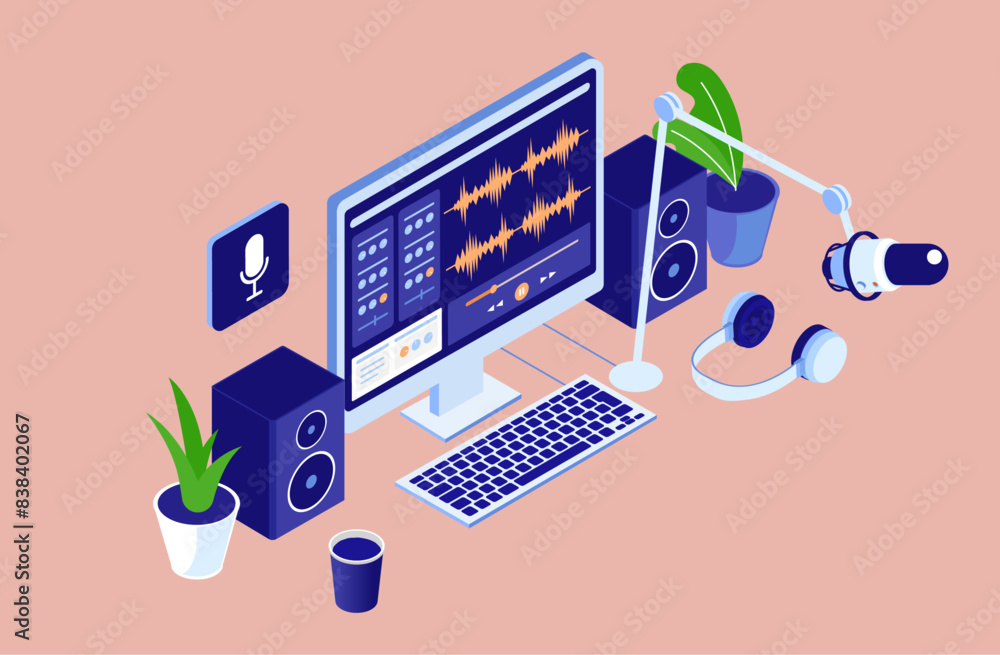 Poster Podcast and audio content production on computer - Desktop screen with software showing professional home production, editing and content creation work with speakers, microphone and headset. Vector
