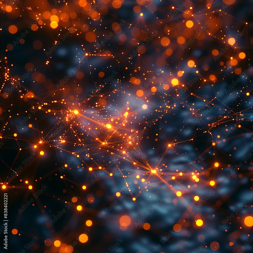 Poster abstract glowing orange dots interconnected on dark background, depicting network or data connection